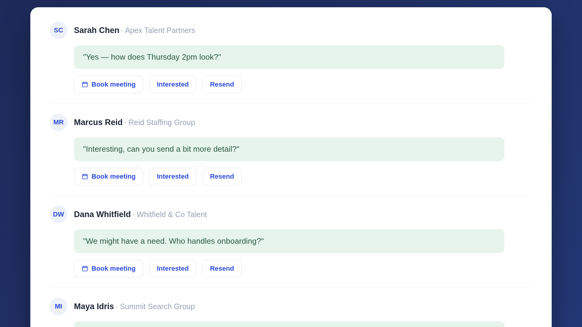 The GridMail replies inbox showing prospect responses with one-click book meeting, interested, and resend buttons
